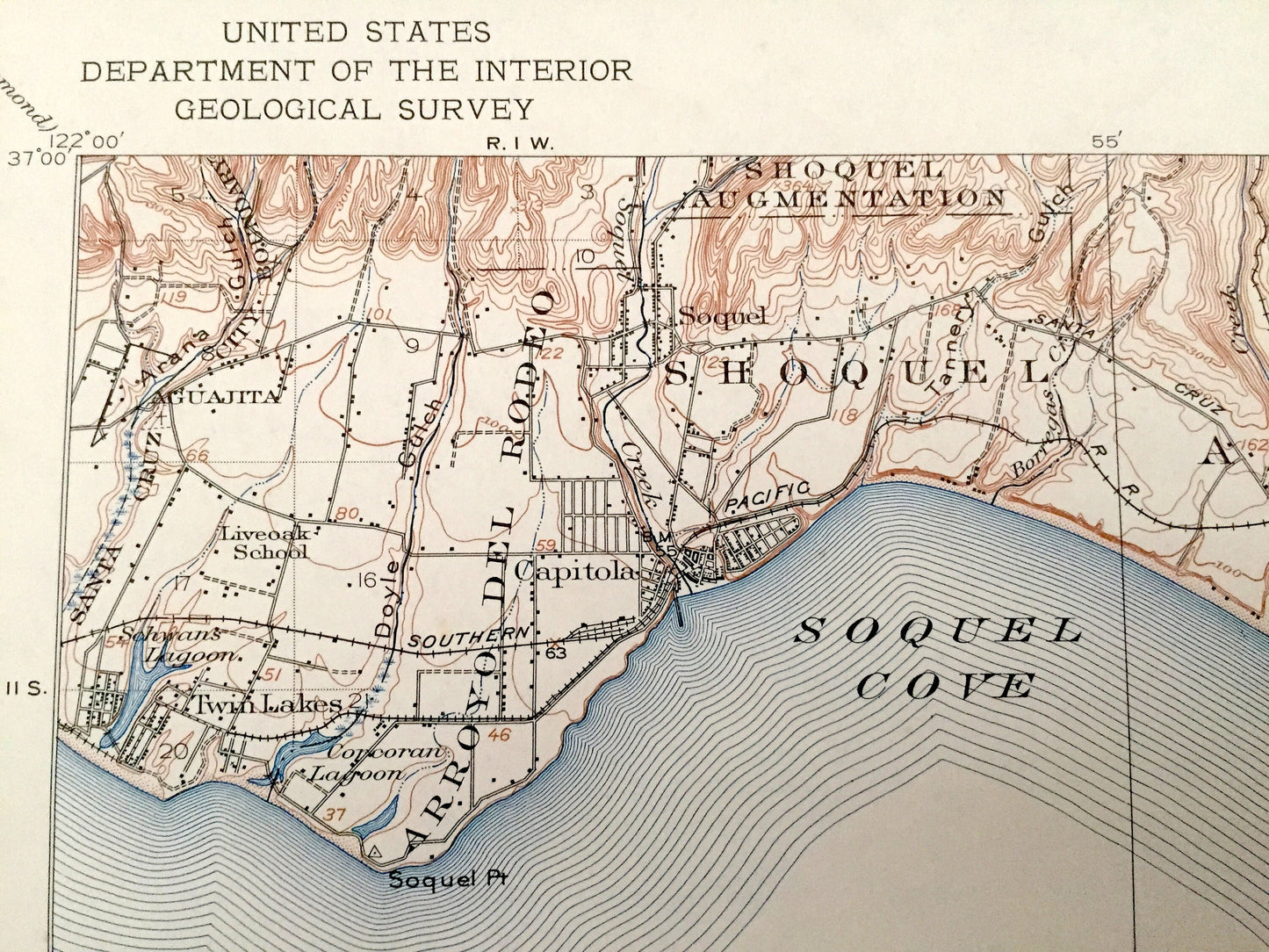 Antique Capitola, California 1912 US Geological Survey Topographic Map – Monterey Bay, Soquel, Watsonville Santa Cruz Castroville Manresa CA