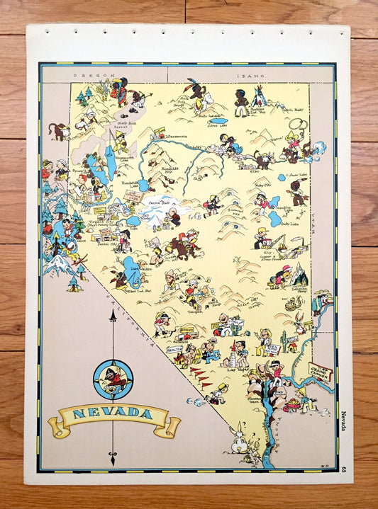 Antique 1935 Nevada State Map from Our Gay Geography by Ruth Taylor – Las Vegas, Henderson, Reno, Lake Tahoe, Carson City, Paradise, NV