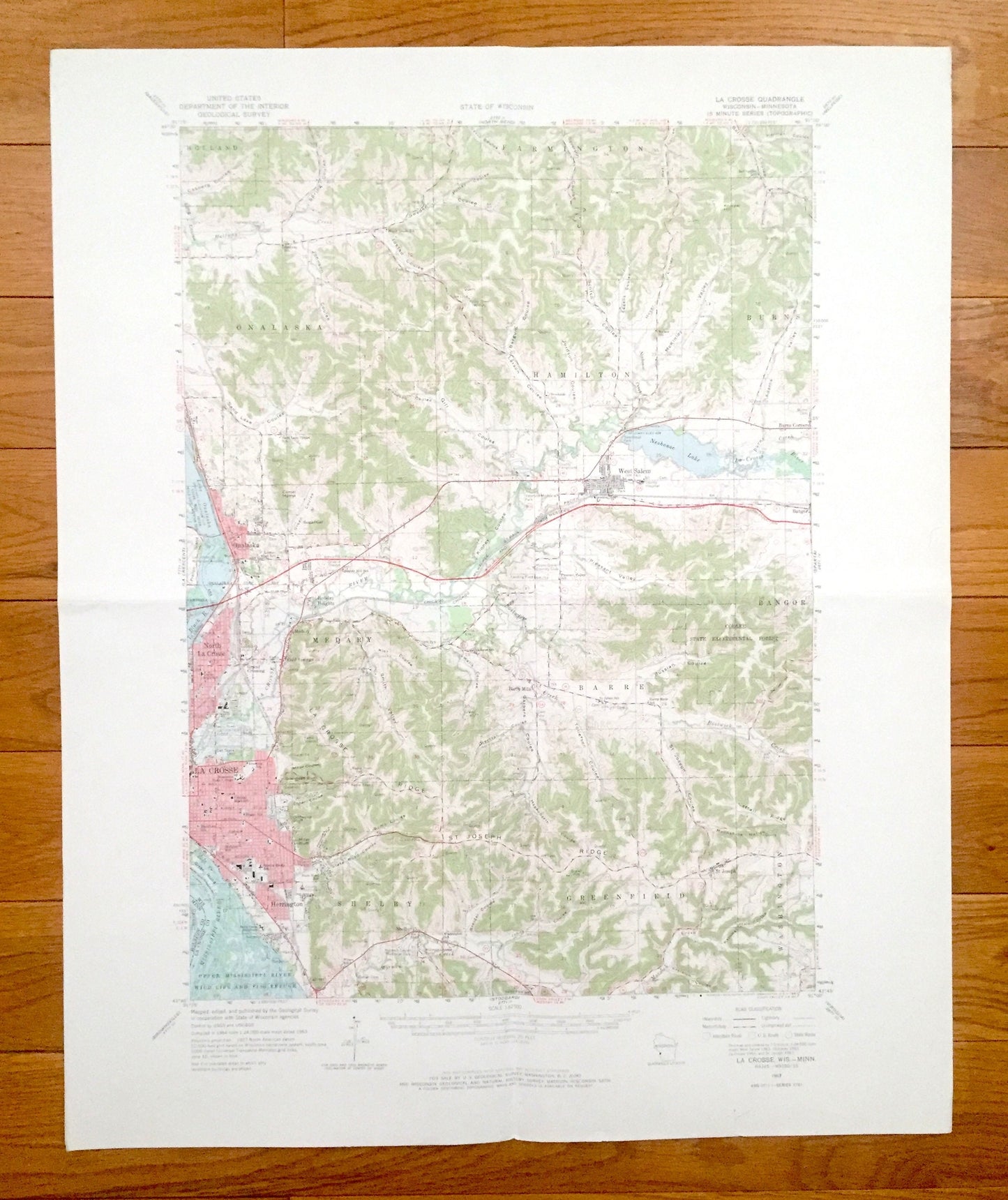 Antique La Crosse, Wisconsin 1963 US Geological Survey Topographic Map – Holland, Onalaska, Medary, Shelby, Hamilton, WI, Houston County, MN