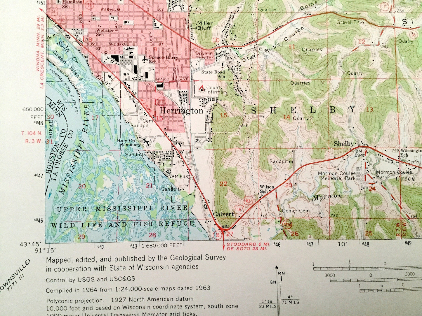 Antique La Crosse, Wisconsin 1963 US Geological Survey Topographic Map – Holland, Onalaska, Medary, Shelby, Hamilton, WI, Houston County, MN
