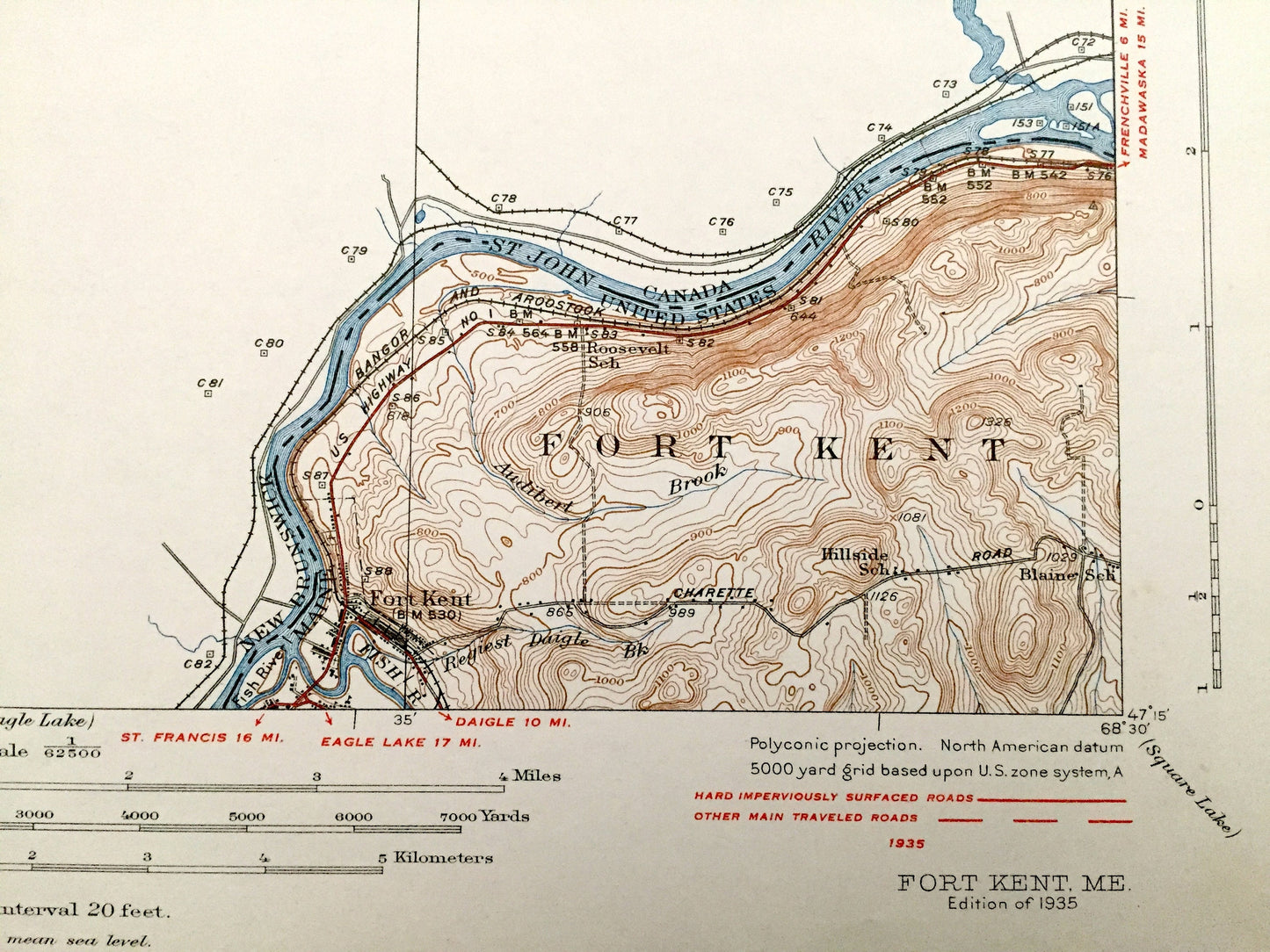 Antique Frenchville, Maine 1935 US Geological Survey Topographic Map – Madawaska, St Agatha, Long Lake, St John River, Fort Kent, Aroostook