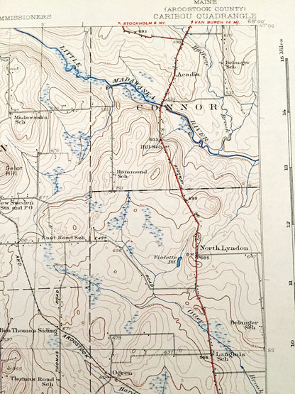 Antique Caribou, Maine 1932 US Geological Survey Topographic Map – New Sweden, Westmanland, Woodland, Perham, Washburn, Wade Connor Pauls ME