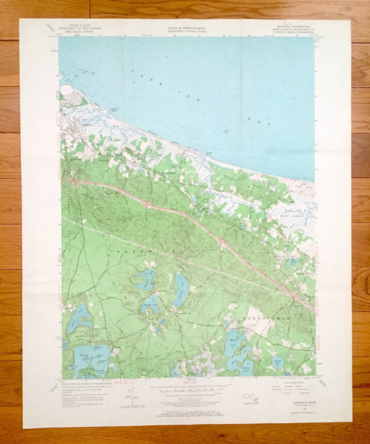 Antique Sandwich, Massachusetts 1957 US Geological Survey Topographic Map – Barnstable County, Wakeby, Newtown, Farmersville, Mashpee, MA