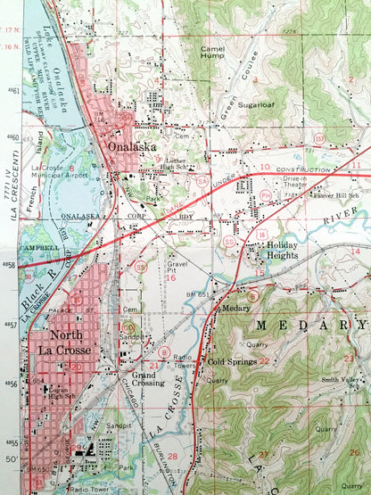 Antique La Crosse, Wisconsin 1963 US Geological Survey Topographic Map – Holland, Onalaska, Medary, Shelby, Hamilton, WI, Houston County, MN