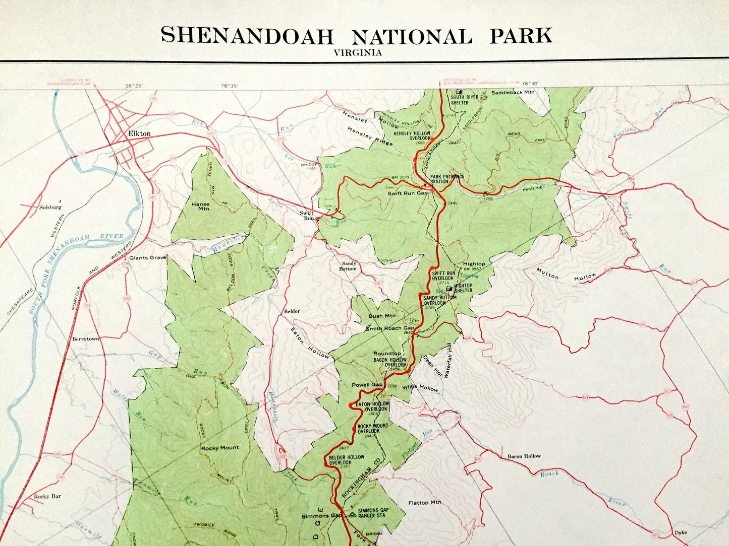 Antique Shenandoah National Park, Virginia 1969 Geological Survey Map – Blue Ridge Mountain, Rockingham, Albermarle Nelson Greene Augusta VA