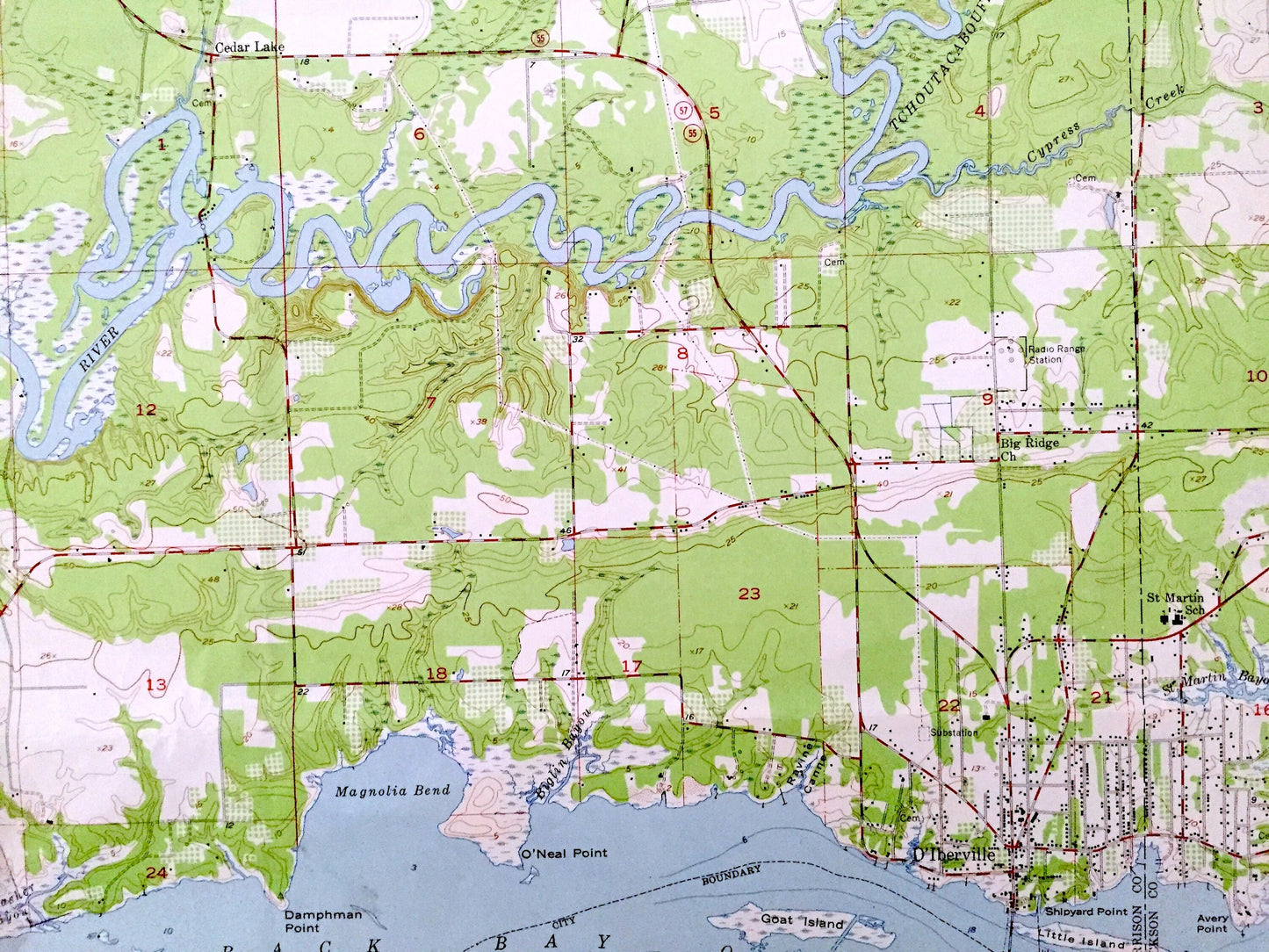 Antique Biloxi, Mississippi 1954 US Geological Survey Topographic Map –Harrison, Jackson County, De Soto National Forest, D'Iberville, MS