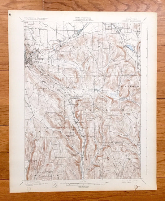 Antique Ithaca, New York 1900 US Geological Survey Topographic Map – Dryden, Lansing, Harford, Richford, Caroline, Candor, Spencer, Danby NY