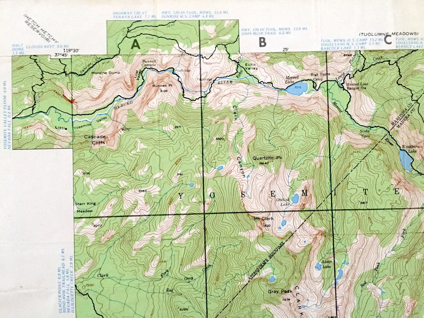 Antique Merced Peak, California 1976 US Geological Survey Topographic Map – Yosemite National Park, Sierra Forest, Inyo, Mariposa, Madera CA