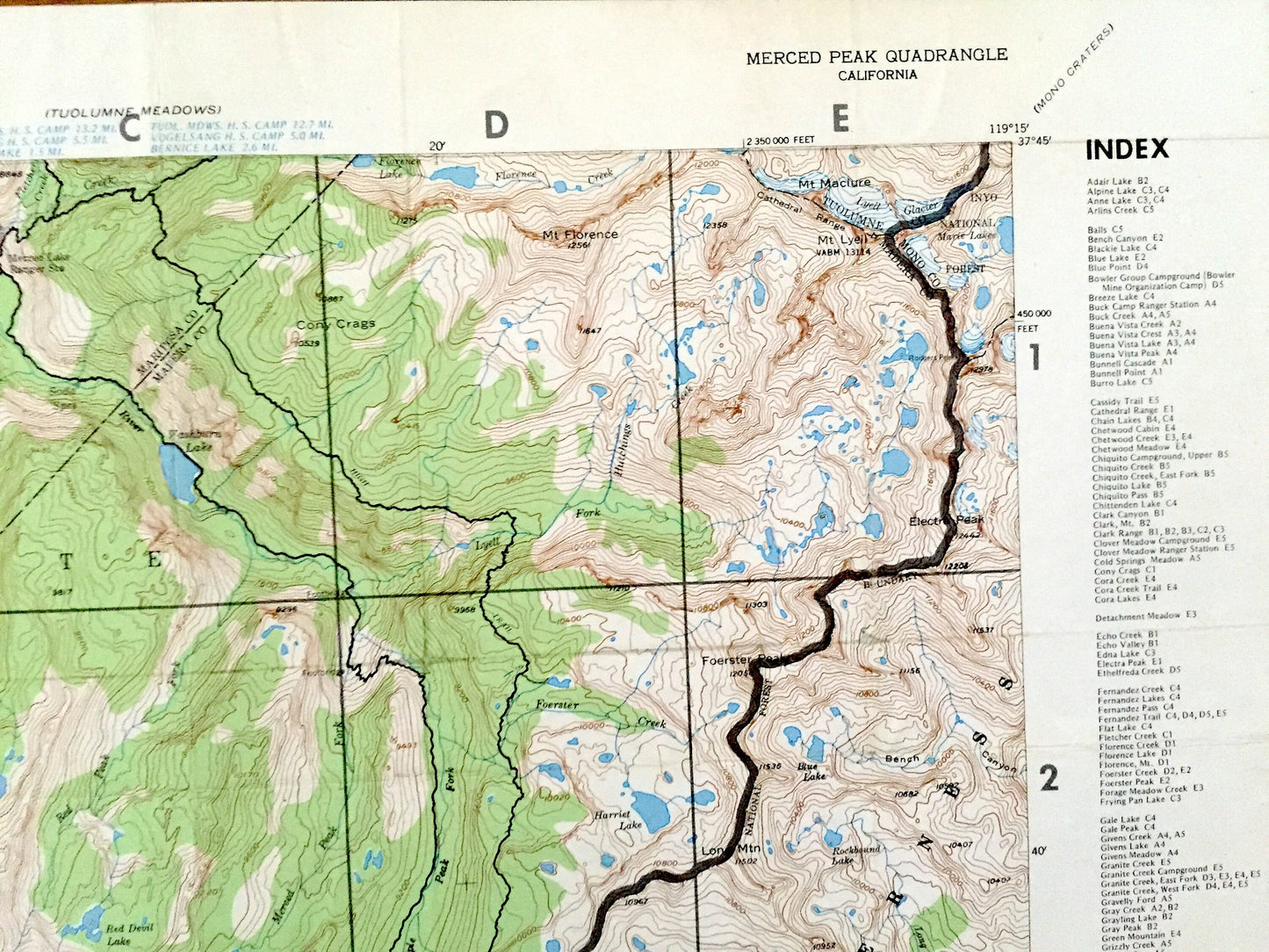 Antique Merced Peak, California 1976 US Geological Survey Topographic Map – Yosemite National Park, Sierra Forest, Inyo, Mariposa, Madera CA