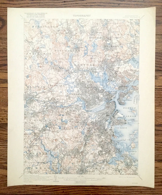 Antique Boston, Massachusetts 1903 US Geological Survey Topographic Map – Cambridge, Arlington, Brookline, Newton, Winchester, Lexington, MA