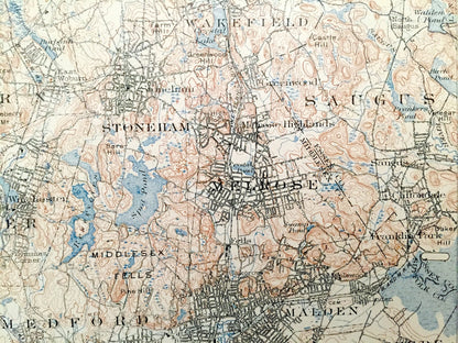 Antique Boston, Massachusetts 1903 US Geological Survey Topographic Map – Cambridge, Arlington, Brookline, Newton, Winchester, Lexington, MA