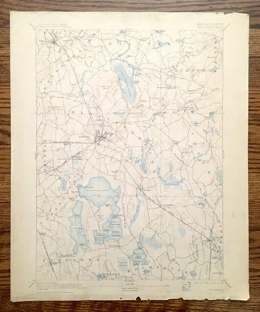 Antique Middleborough, Massachusetts 1893 US Geological Survey Topographic Map – Plymouth County, Halifax, Plympton, Lakeville, Carver, MA
