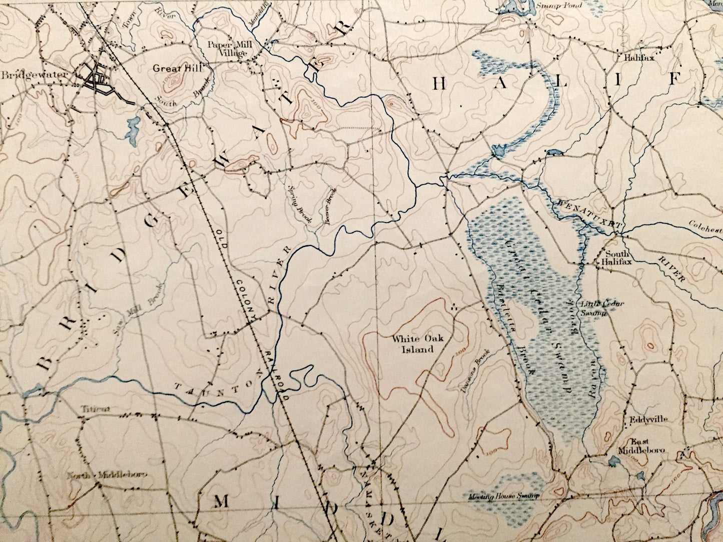 Antique Middleborough, Massachusetts 1893 US Geological Survey Topographic Map – Plymouth County, Halifax, Plympton, Lakeville, Carver, MA