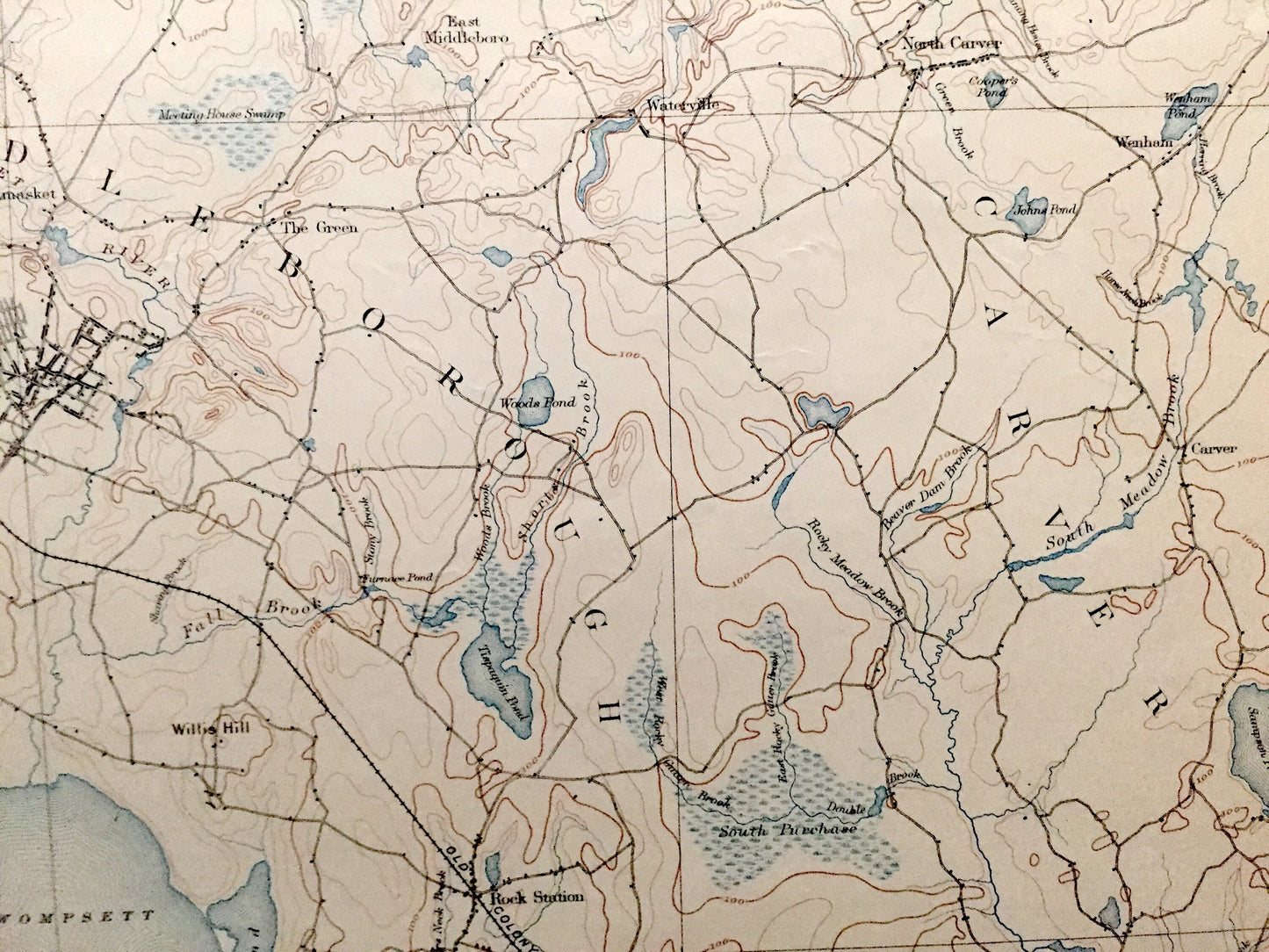 Antique Middleborough, Massachusetts 1893 US Geological Survey Topographic Map – Plymouth County, Halifax, Plympton, Lakeville, Carver, MA