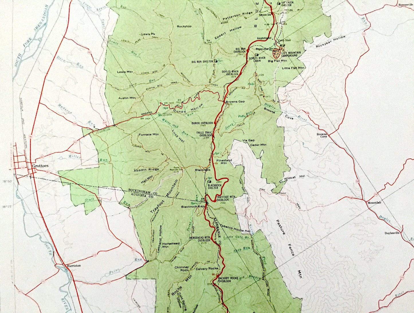 Antique Shenandoah National Park, Virginia 1969 Geological Survey Map – Blue Ridge Mountain, Rockingham, Albermarle Nelson Greene Augusta VA