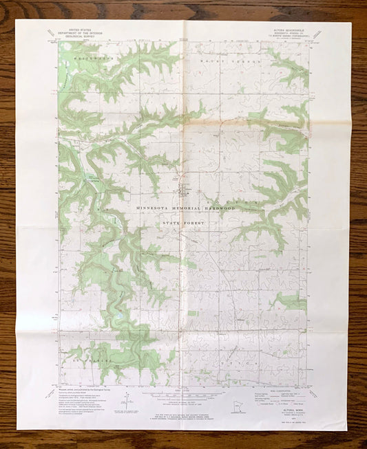 Antique Altura, Minnesota 1972 US Geological Survey Topographic Map – Winona County, Mount Vernon, Elba, Memorial Hardwood State Forest, MN