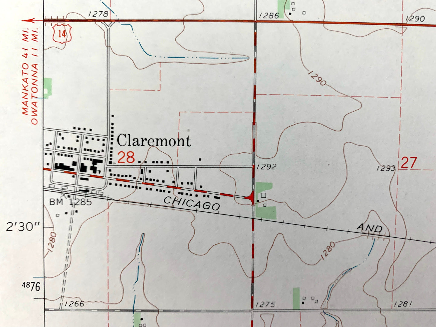 Antique Claremont, Minnesota 1965 US Geological Survey Topographic Map – Dodge County, Ellington, Concord, Wasioja, Ripley, Ashland, MN