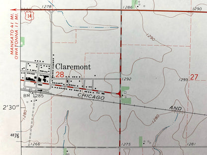 Antique Claremont, Minnesota 1965 US Geological Survey Topographic Map – Dodge County, Ellington, Concord, Wasioja, Ripley, Ashland, MN