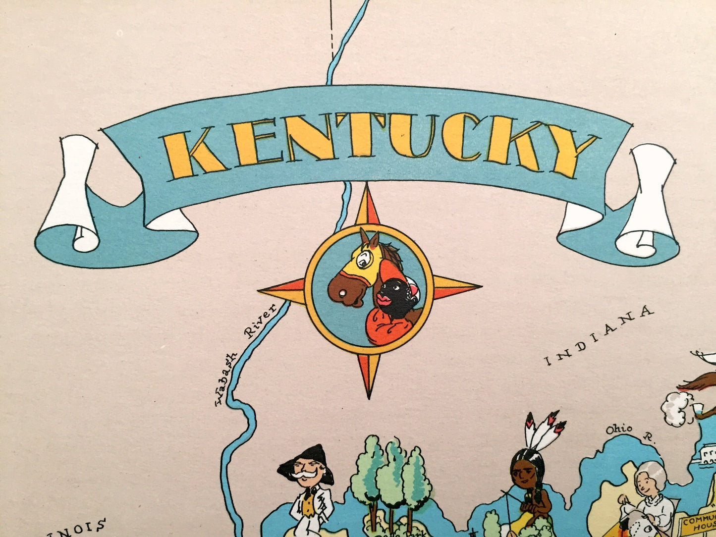Antique 1935 Kentucky State Map from Our Gay Geography by Ruth Taylor – Louisville, Lexington, Fayette, Bowling Green, Owensboro, KY