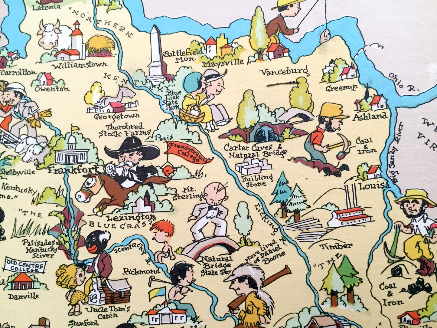 Antique 1935 Kentucky State Map from Our Gay Geography by Ruth Taylor – Louisville, Lexington, Fayette, Bowling Green, Owensboro, KY