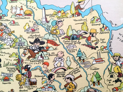 Antique 1935 Kentucky State Map from Our Gay Geography by Ruth Taylor – Louisville, Lexington, Fayette, Bowling Green, Owensboro, KY