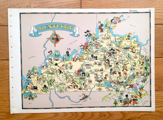 Antique 1935 Kentucky State Map from Our Gay Geography by Ruth Taylor – Louisville, Lexington, Fayette, Bowling Green, Owensboro, KY
