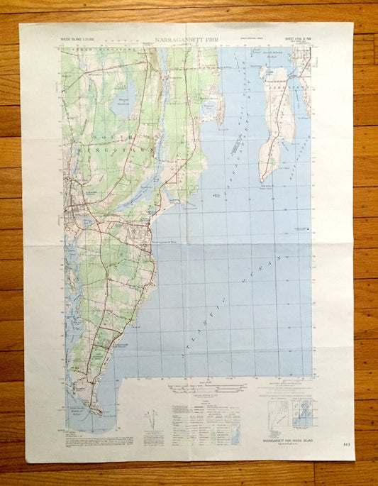 Antique Narragansett Pier, Rhode Island 1947 US Geological Survey Topographic Map – Washington County, Newport, Kingston, Jamestown, Bay, RI