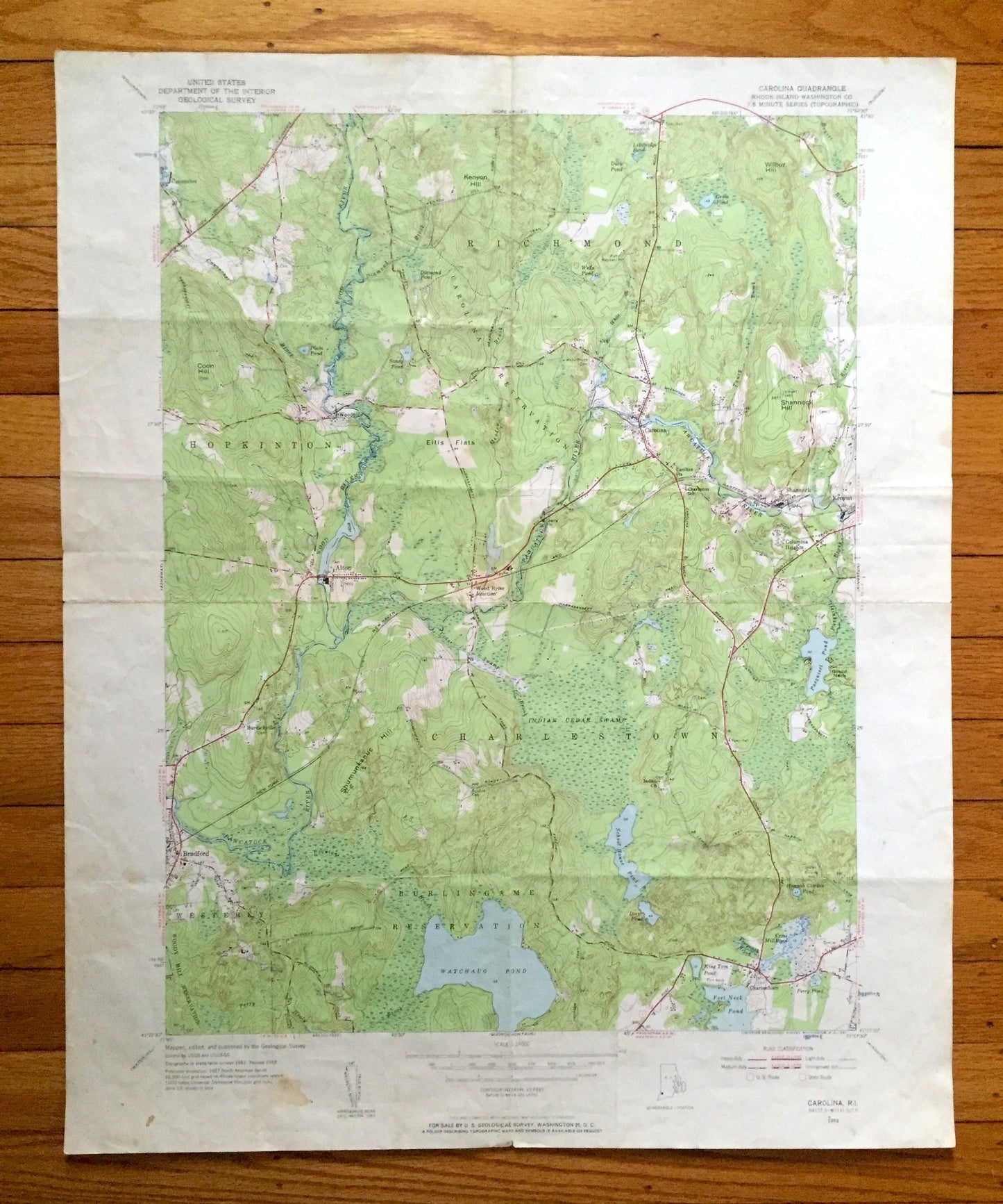 Antique Carolina, Rhode Island 1953 US Geological Survey Topographic Map – Washington County, Hopkinton, Charlestown, Richmond, Westerly, RI
