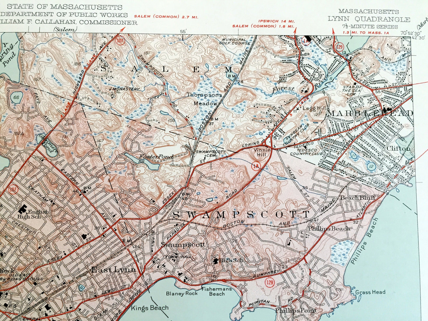 Antique Lynn, Massachusetts 1946 US Geological Survey Topographic Map – Suffolk, Essex County, Peabody, Salem, Marblehead, Swampscott, MA