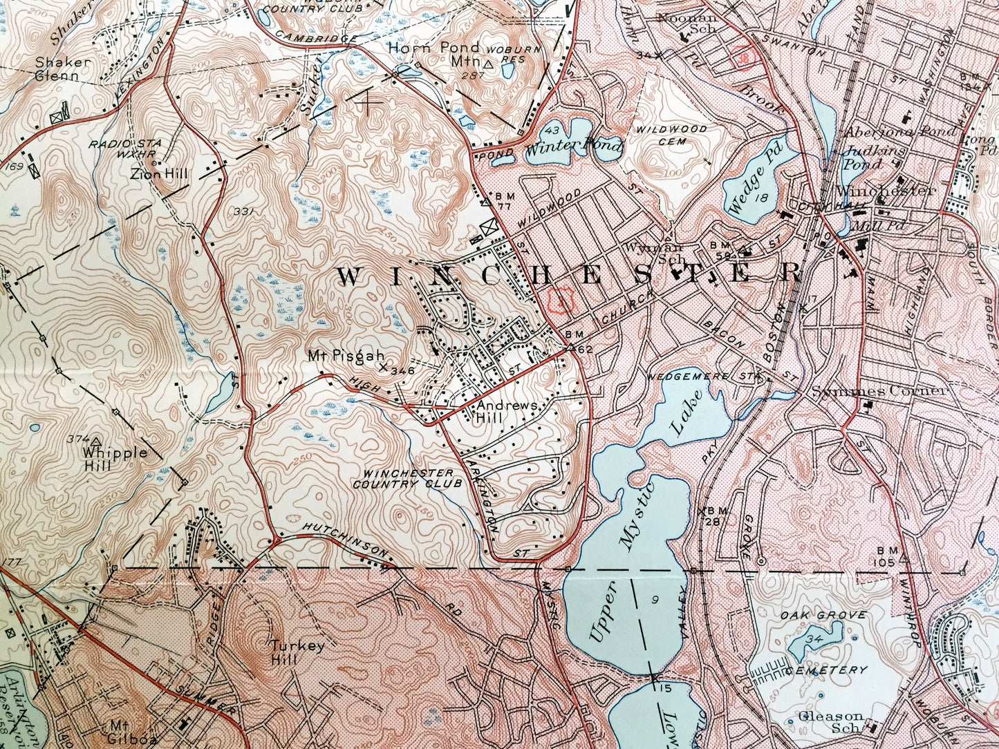 Antique Lexington, Massachusetts 1946 US Geological Survey Topographic Map – Middlesex County, Burlington, Winchester, Arlington, Waltham MA