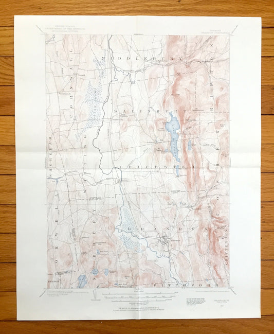 Antique Brandon, Vermont 1902 US Geological Survey Topographic Map – Middlebury, Salisbury, Sudbury, Goshen, Rutland County, Lake Dunmore VT