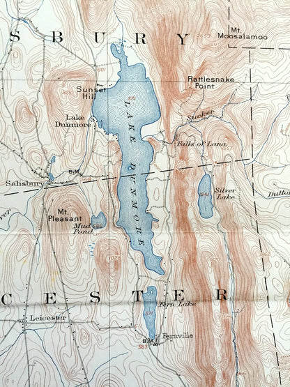 Antique Brandon, Vermont 1902 US Geological Survey Topographic Map – Middlebury, Salisbury, Sudbury, Goshen, Rutland County, Lake Dunmore VT