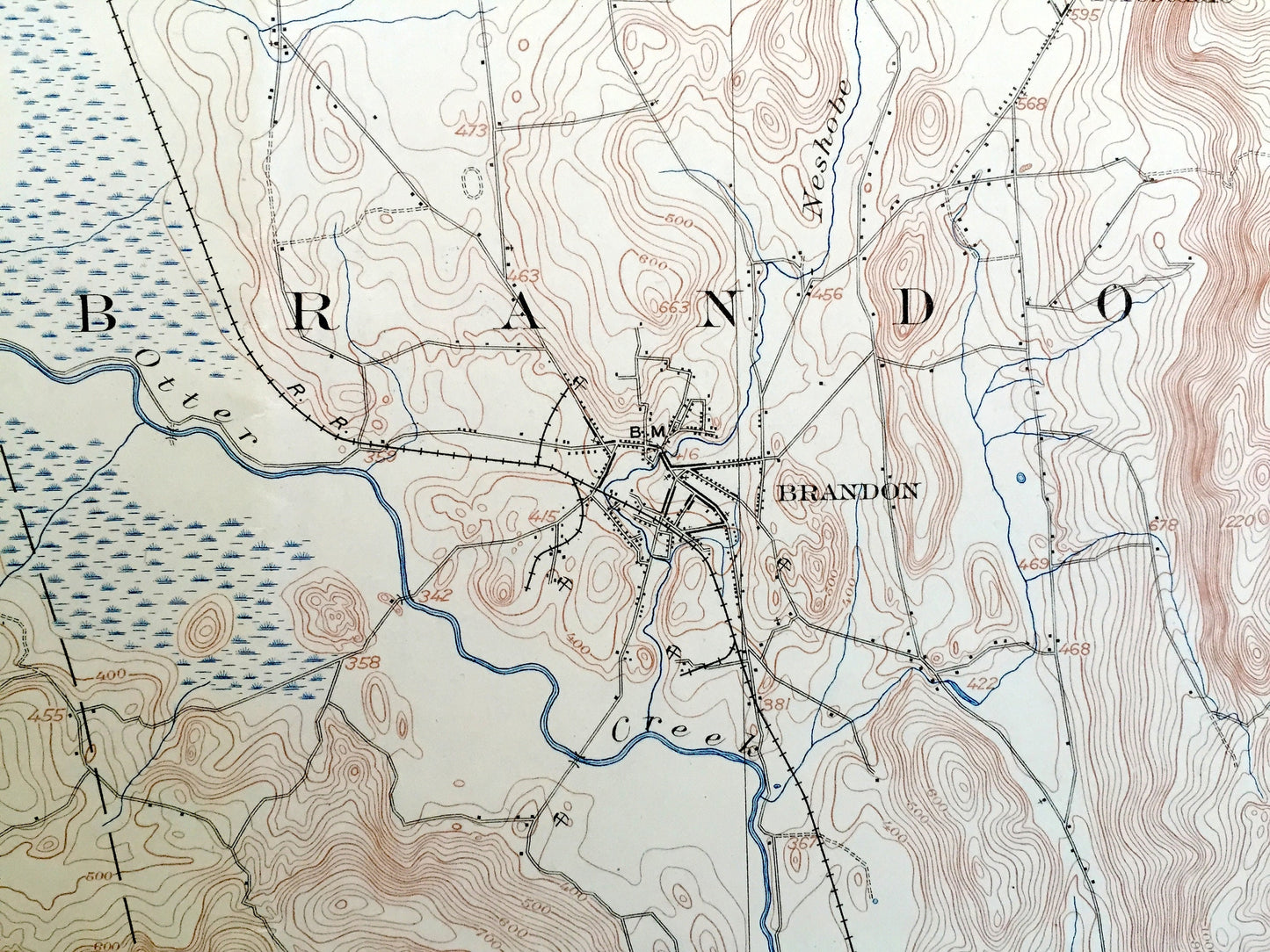 Antique Brandon, Vermont 1902 US Geological Survey Topographic Map – Middlebury, Salisbury, Sudbury, Goshen, Rutland County, Lake Dunmore VT
