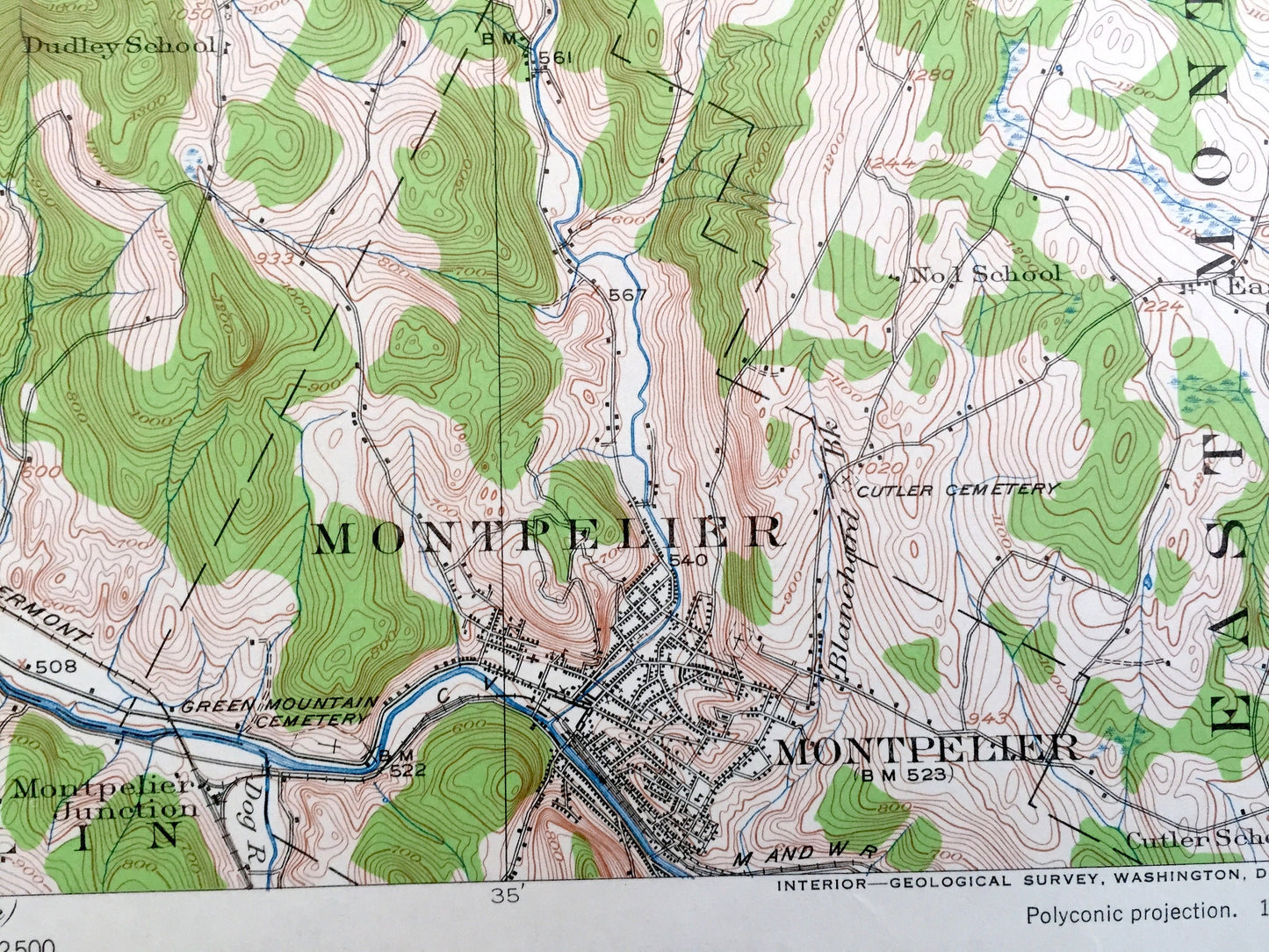 Antique Montpelier, Vermont 1919 US Geological Survey Topographic Map – Middlesex, Waterbury, Worcester, Stowe, Moretown, Calais, Elmore, VT