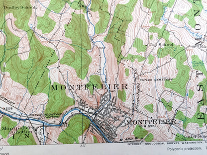 Antique Montpelier, Vermont 1919 US Geological Survey Topographic Map – Middlesex, Waterbury, Worcester, Stowe, Moretown, Calais, Elmore, VT