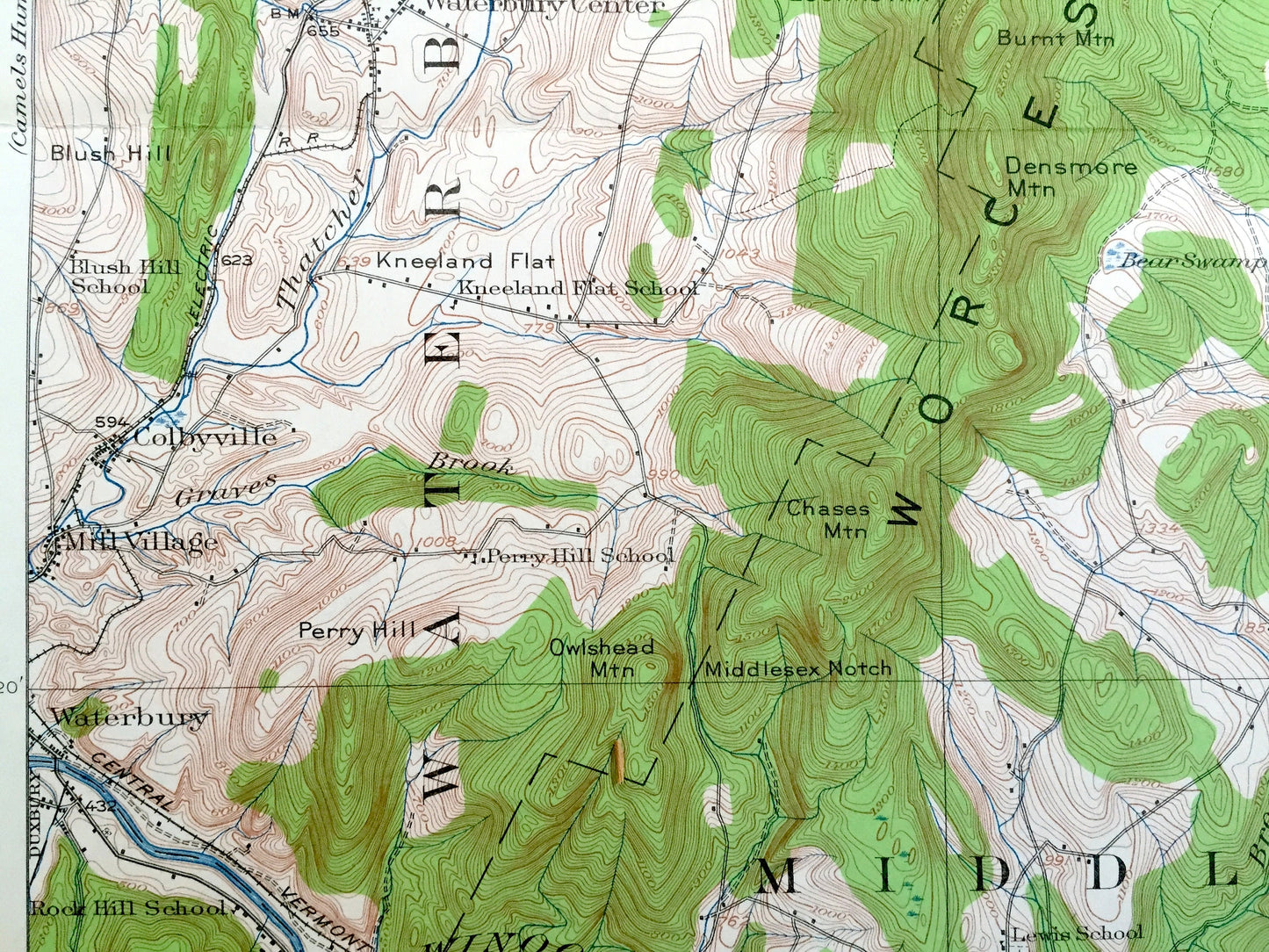 Antique Montpelier, Vermont 1919 US Geological Survey Topographic Map – Middlesex, Waterbury, Worcester, Stowe, Moretown, Calais, Elmore, VT