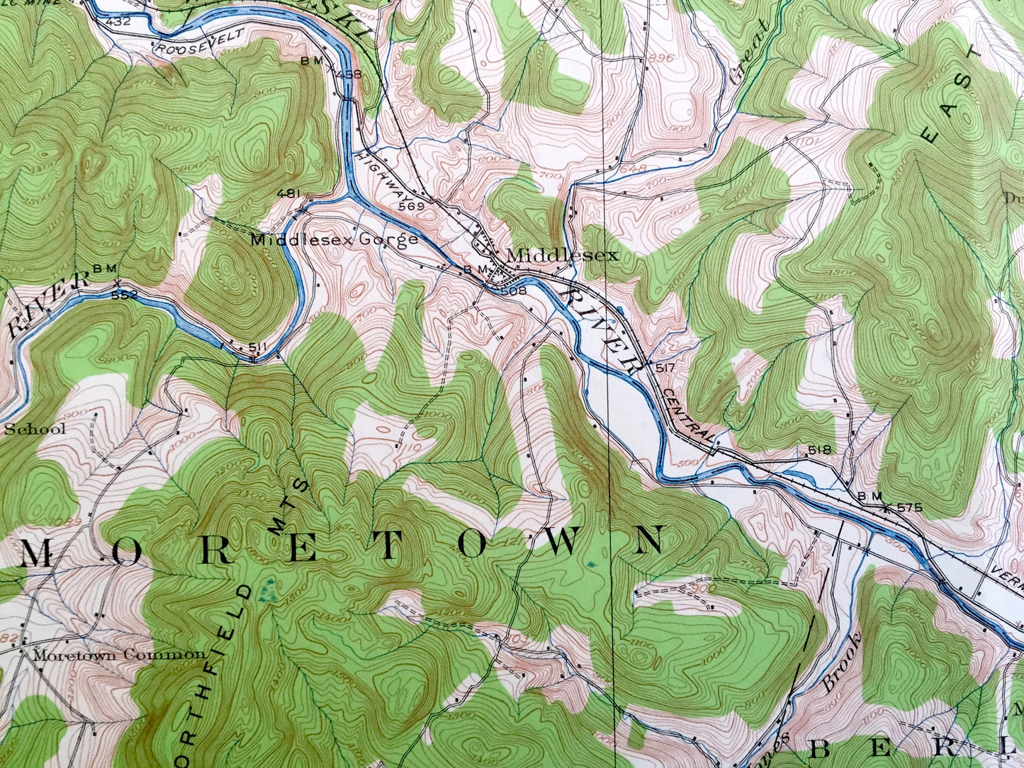 Antique Montpelier, Vermont 1919 US Geological Survey Topographic Map – Middlesex, Waterbury, Worcester, Stowe, Moretown, Calais, Elmore, VT