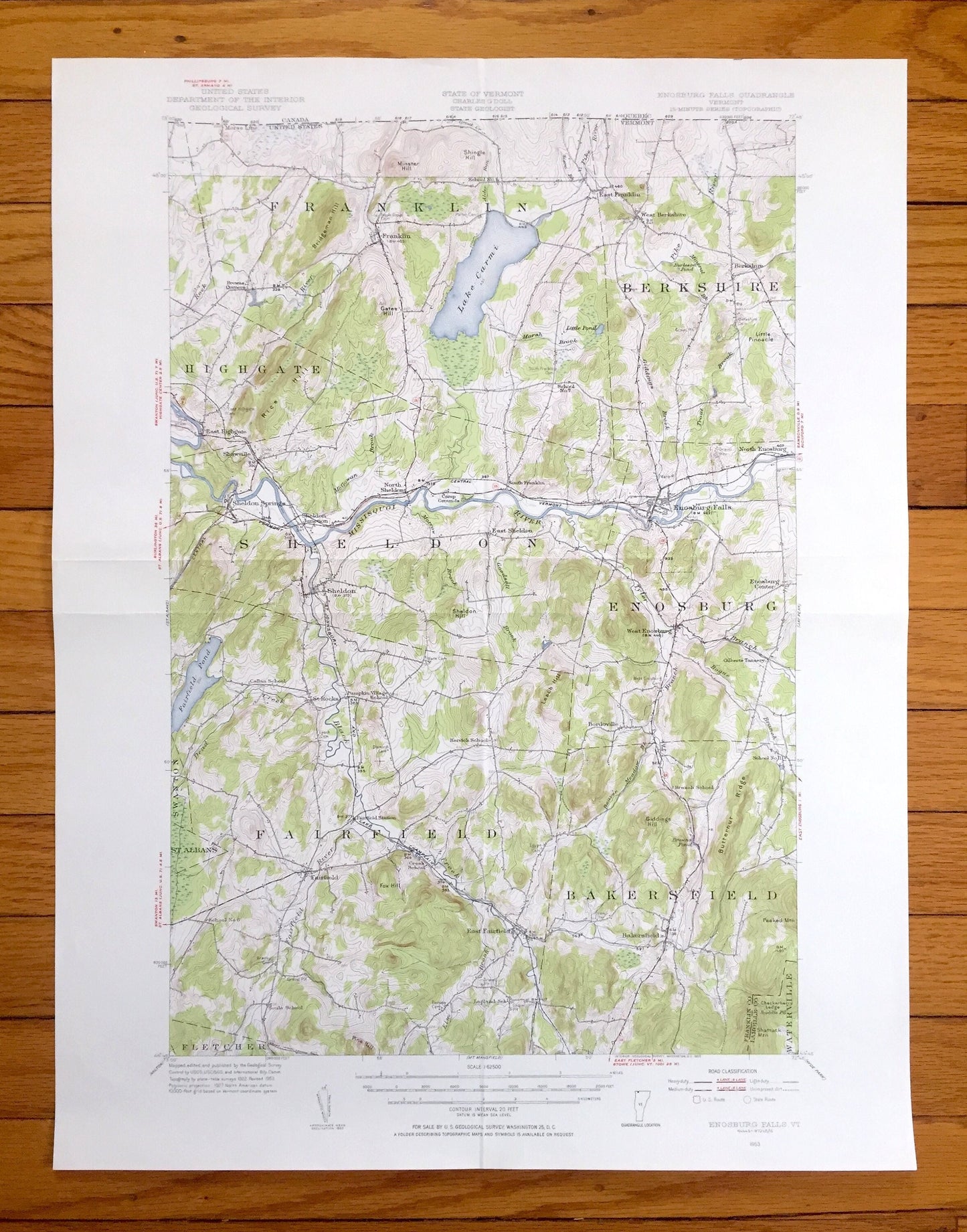 Antique Enosburg Falls, Vermont 1953 US Geological Survey Topographic Map – Sheldon, Fairfield, Berkshire, Bakersfield, Albans Lake Carmi VT