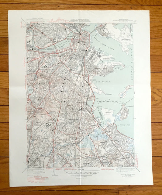 Antique Boston, Massachusetts 1946 US Geological Survey Topographic Map – Quincy, Cambridge, Somerville, Jamaica Plain, Dorchester Milton MA