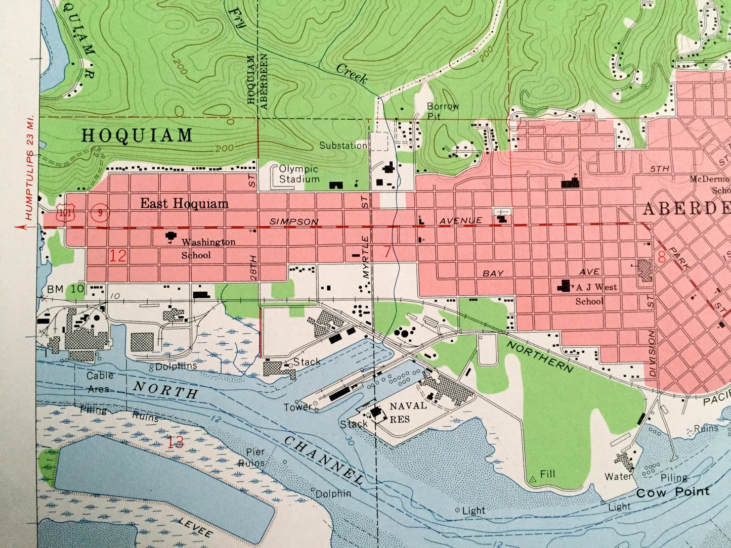 Antique Aberdeen, Washington 1957 US Geological Survey Topographic Map – Grays Harbor County, Hoquiam, Cosmopolis, Books Ranch, WA