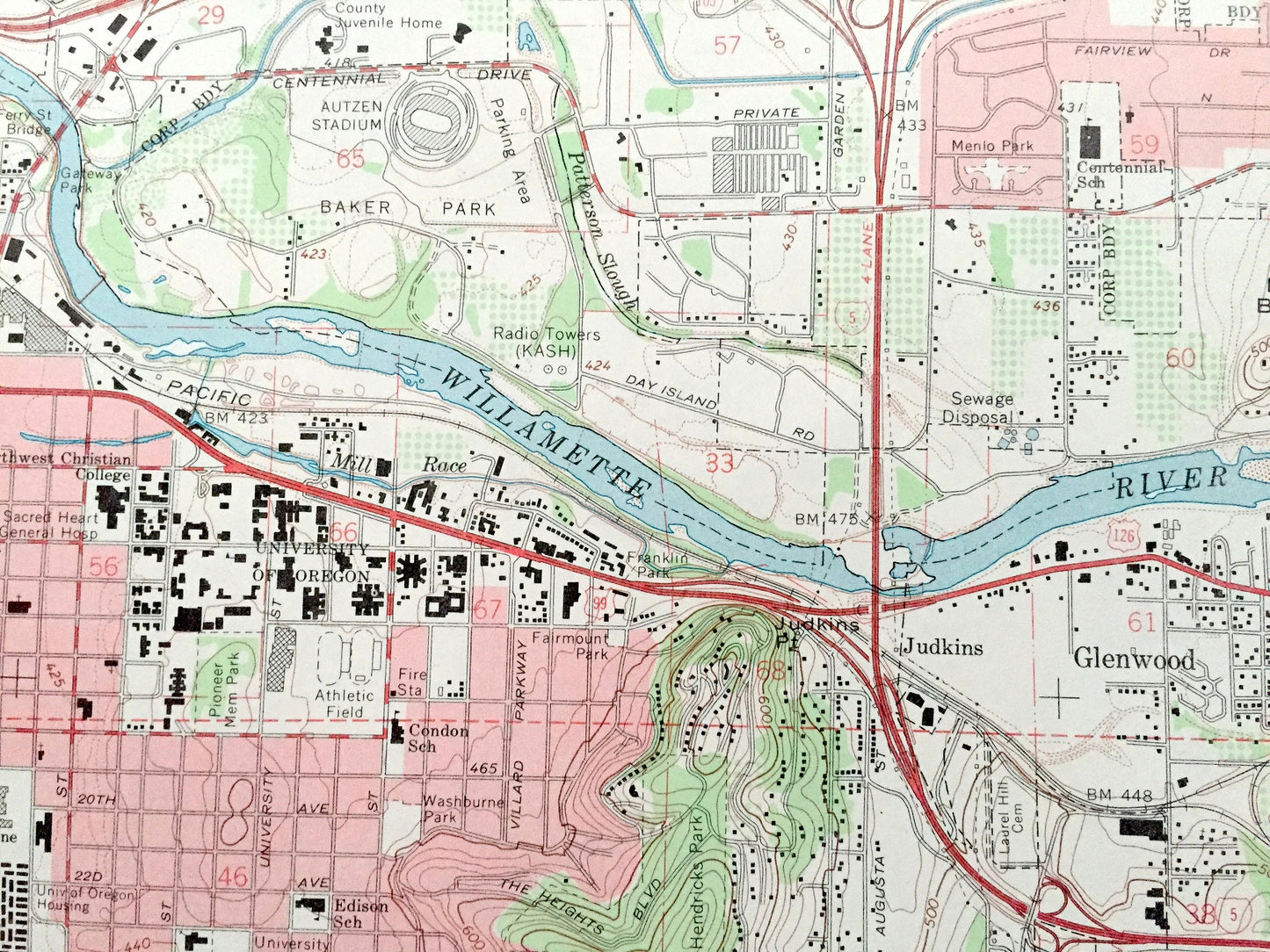 Antique Eugene East, Oregon 1967 US Geological Survey Topographic Map – Lane County, Springfield, Judkins, Glenwood, Springfield Junction OR