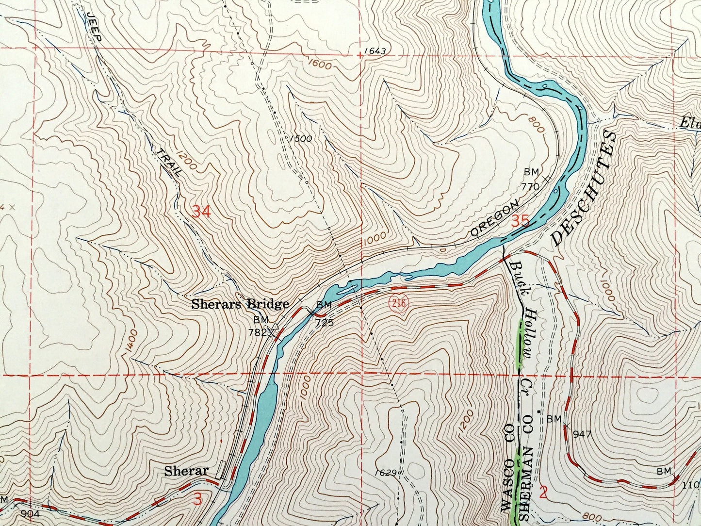 Antique Sherars Bridge, Oregon 1962 US Geological Survey Topographic Map – Wasco, Sherman County, Sherar, Tygh Ridge, Deschutes River, OR