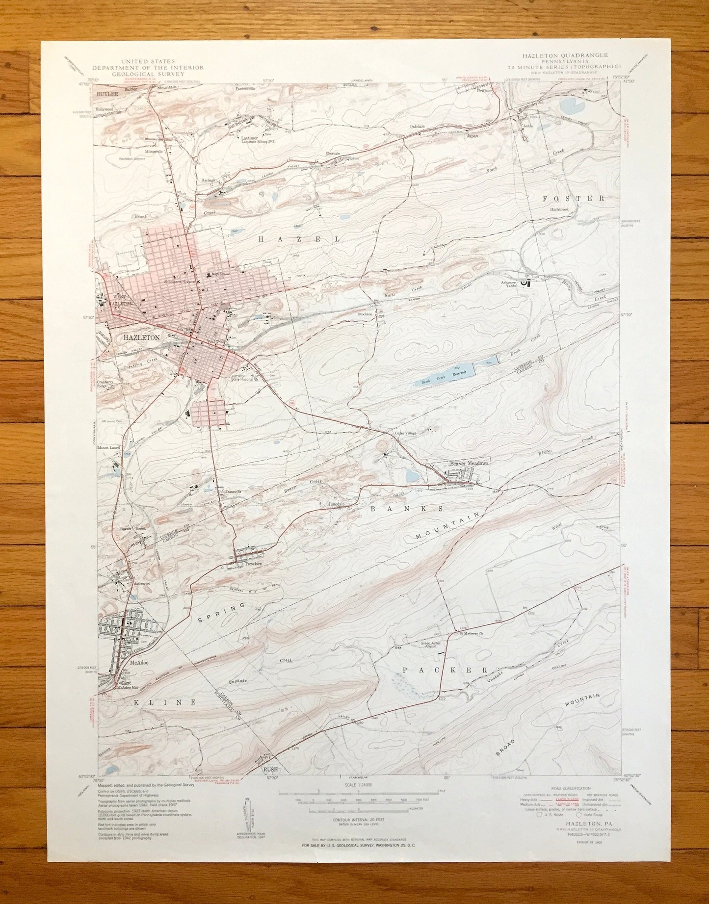 Antique Hazleton, Pennsylvania 1950 US Geological Survey Topographic Map - Luzerne, Carbon, Schuylkill County, Foster, Banks, Packer, PA