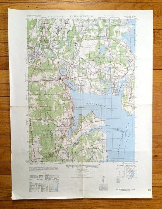 Antique East Greenwich, Rhode Island 1947 US Geological Survey Topographic Map – Kent County, Narragansett Bay, Warwick, North Kingstown, RI