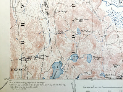 Antique Brandon, Vermont 1902 US Geological Survey Topographic Map – Middlebury, Salisbury, Sudbury, Goshen, Rutland County, Lake Dunmore VT