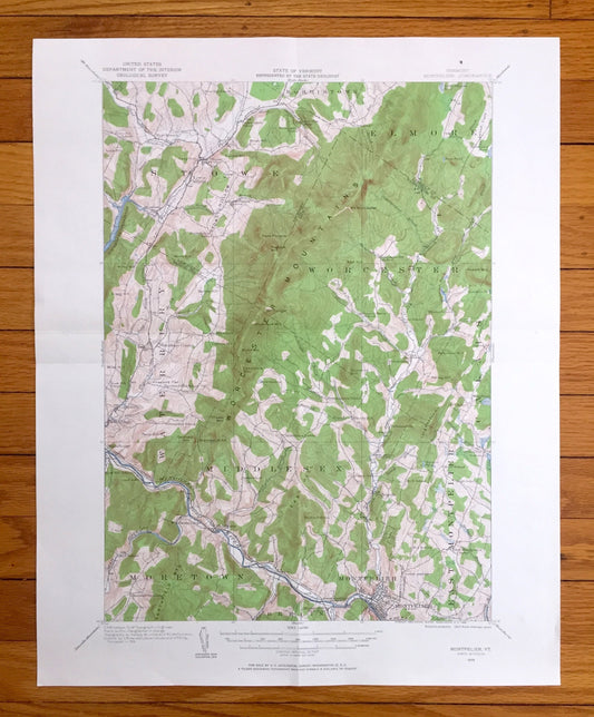 Antique Montpelier, Vermont 1919 US Geological Survey Topographic Map – Middlesex, Waterbury, Worcester, Stowe, Moretown, Calais, Elmore, VT