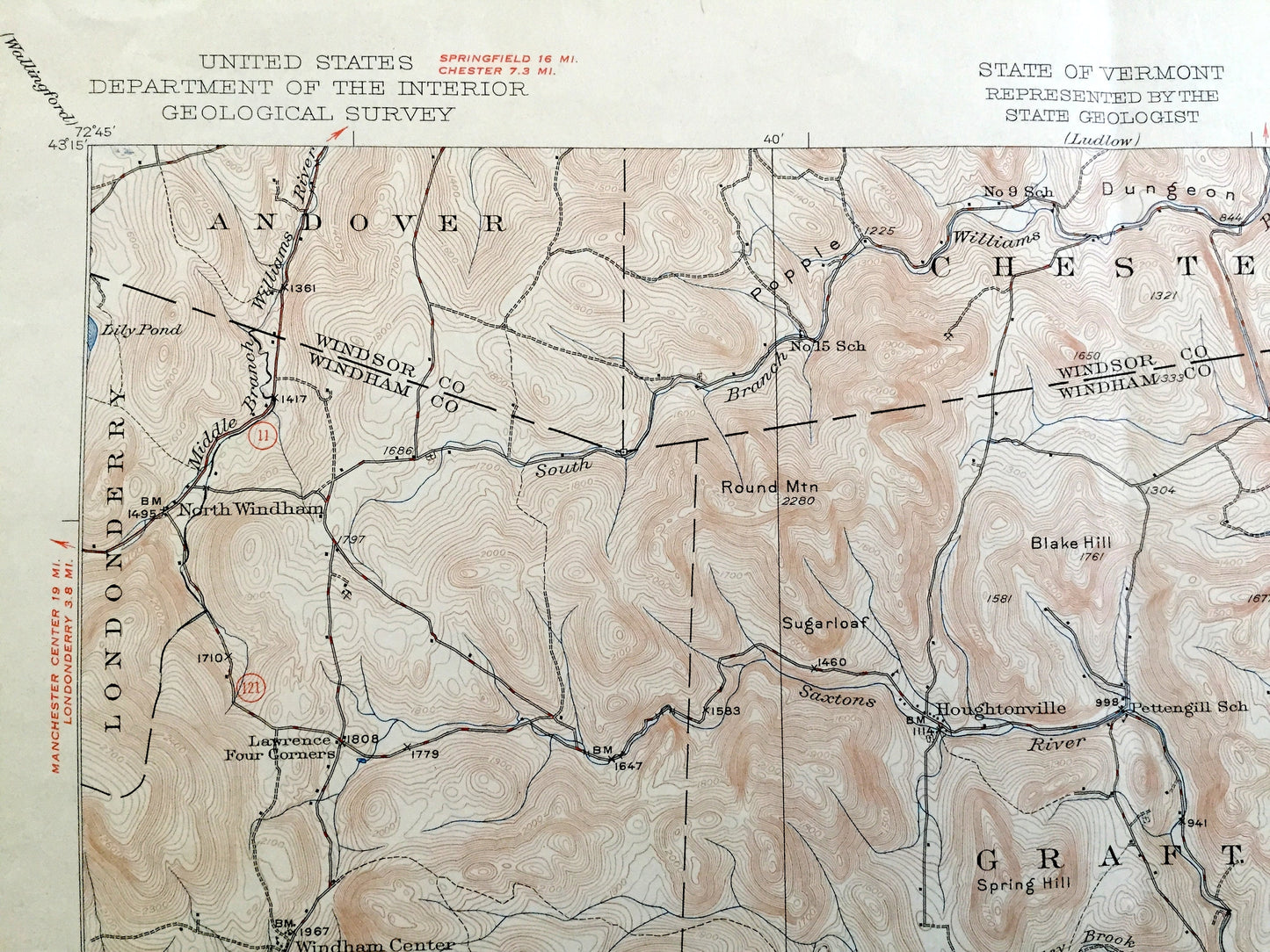 Antique Saxtons River, Vermont 1933 US Geological Survey Topographic Map – Grafton, Windham, Athens, Westminster, Townshend, Brookline, VT