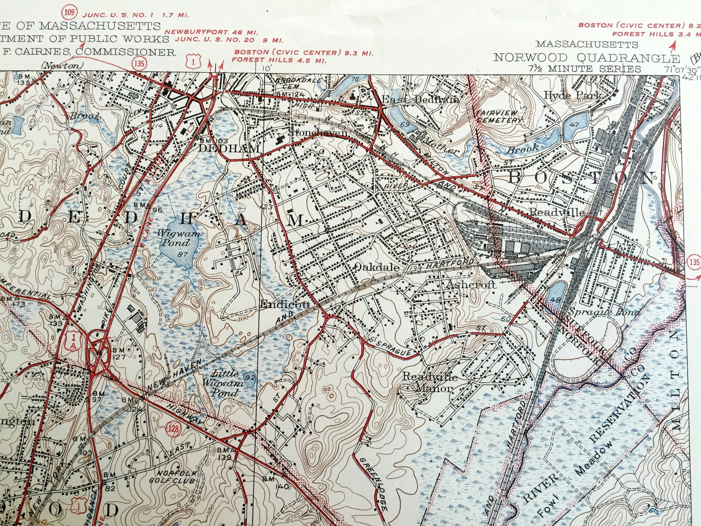 Antique Norwood, Massachusetts 1941 US Geological Survey Topographic Map – Westwood, Dedham, Canton, Walpole, Sharon, Stoughton, Boston, MA