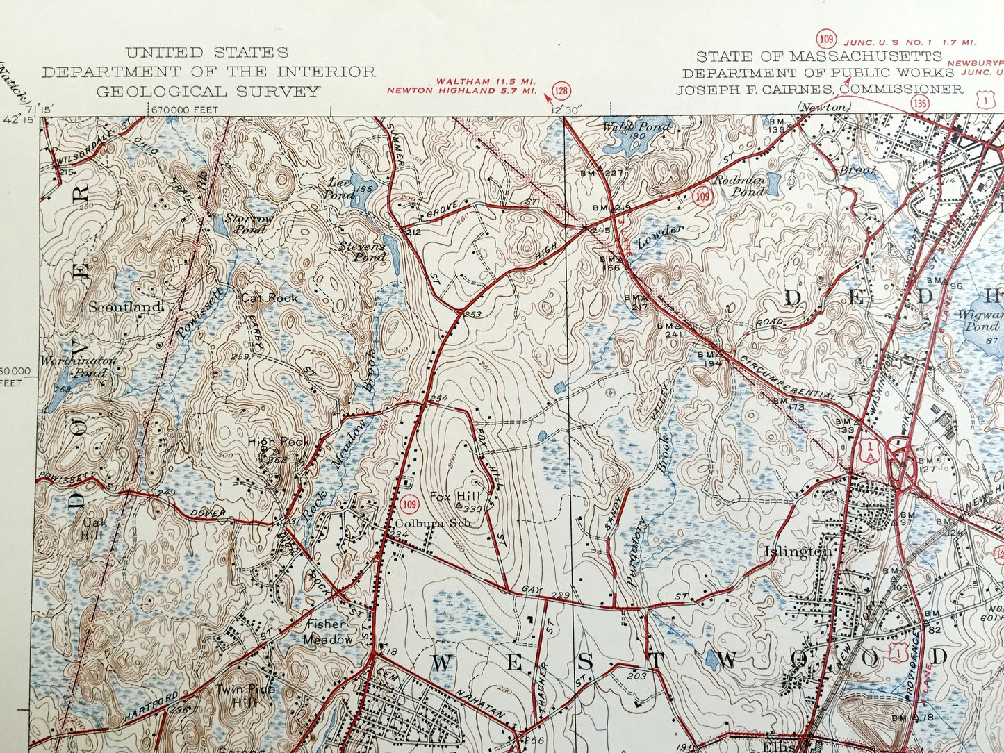 Antique Norwood, Massachusetts 1941 US Geological Survey Topographic Map – Westwood, Dedham, Canton, Walpole, Sharon, Stoughton, Boston, MA