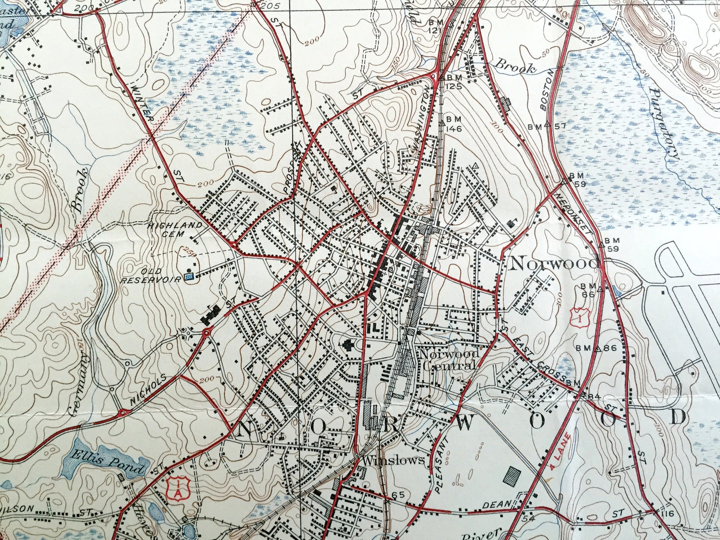 Antique Norwood, Massachusetts 1941 US Geological Survey Topographic Map – Westwood, Dedham, Canton, Walpole, Sharon, Stoughton, Boston, MA